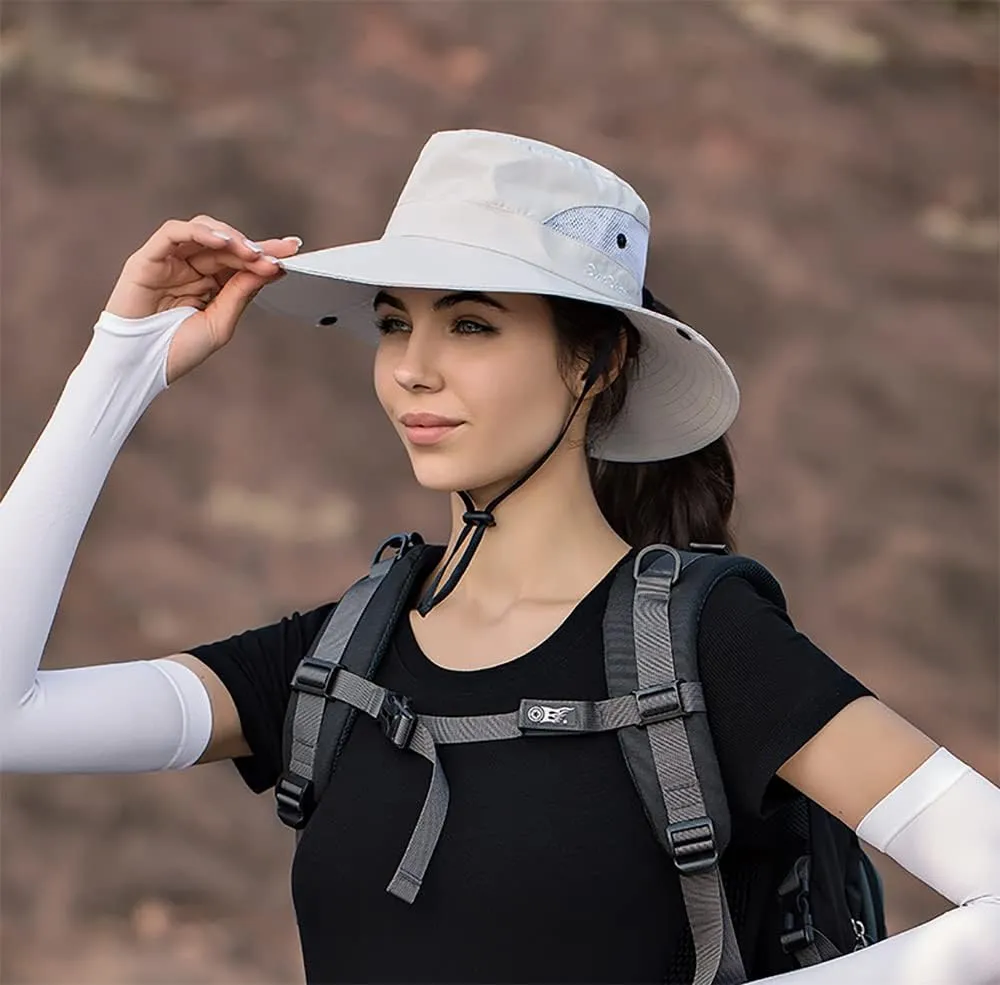 Women's Summer Sun-Hat Ponytail - Outdoor UV-Protection Mesh Wide Brim Foldable Hat with Ponytail Hole