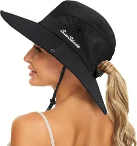 Women's Summer Sun-Hat Ponytail - Outdoor UV-Protection Mesh Wide Brim Foldable Hat with Ponytail Hole