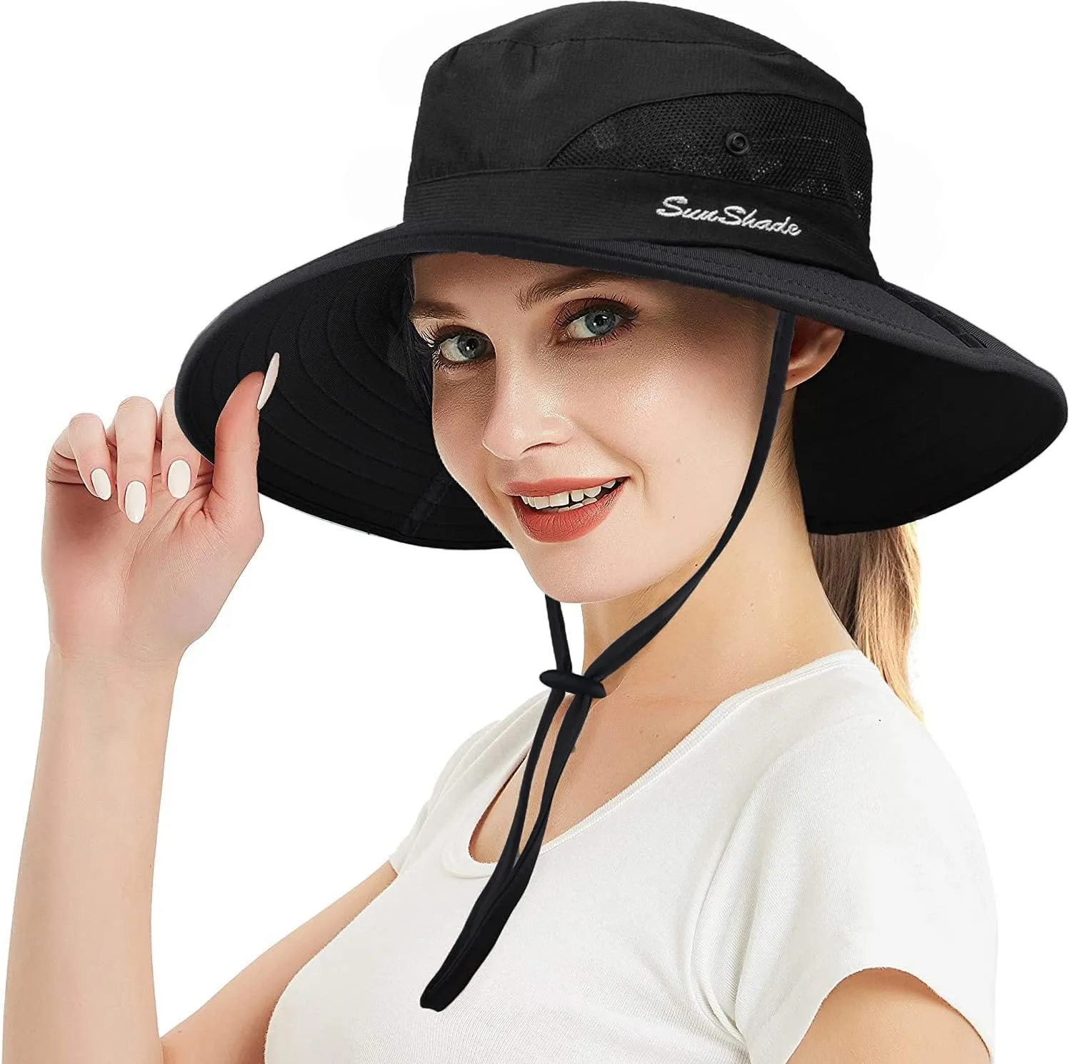 Women's Summer Sun-Hat Ponytail - Outdoor UV-Protection Mesh Wide Brim Foldable Hat with Ponytail Hole