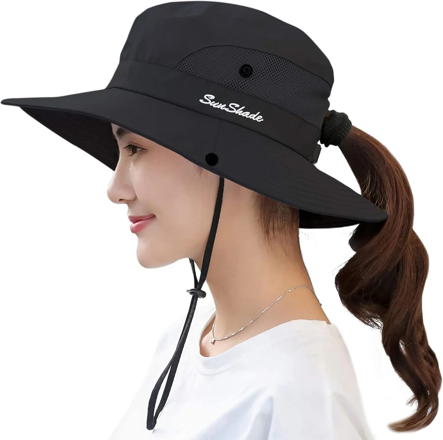 Women's Summer Sun-Hat Ponytail - Outdoor UV-Protection Mesh Wide Brim Foldable Hat with Ponytail Hole