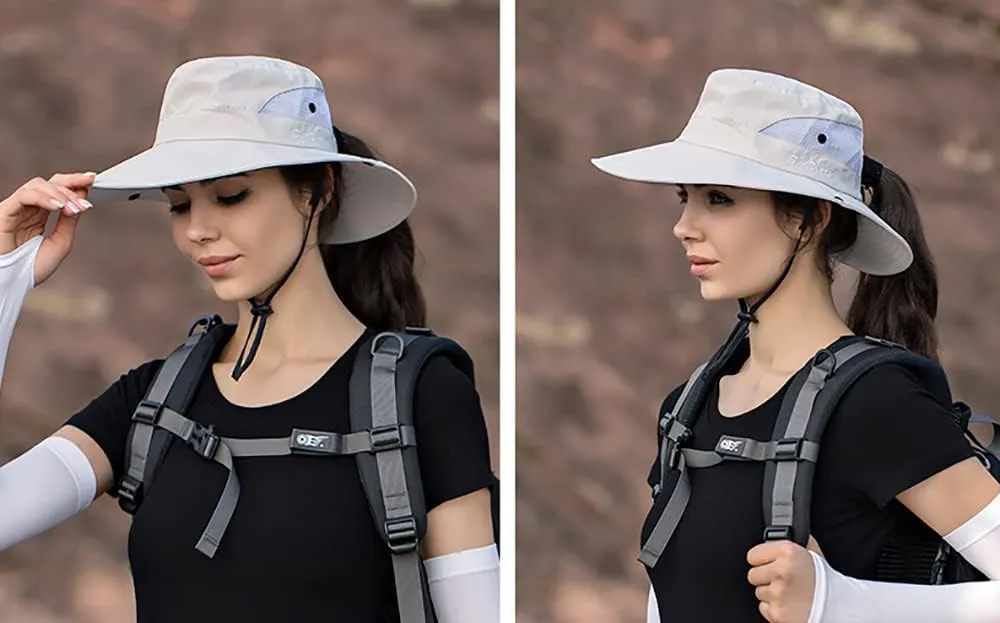 Women's Summer Sun-Hat Ponytail - Outdoor UV-Protection Mesh Wide Brim Foldable Hat with Ponytail Hole